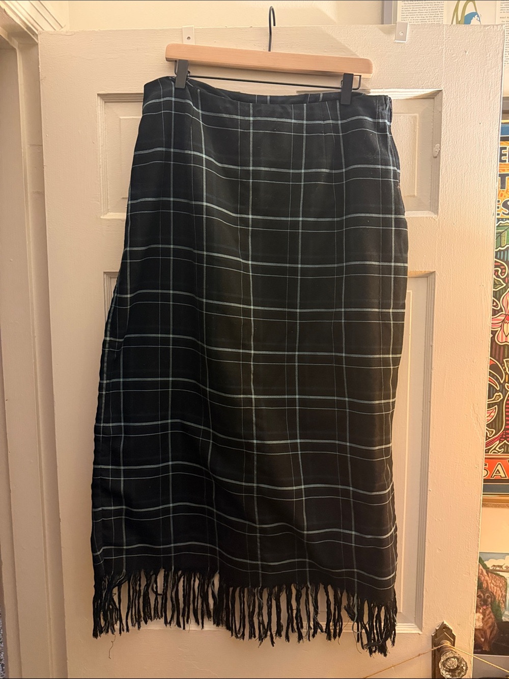 Vintage Cato Black and Blue Plaid Fringe Maxi Skirt